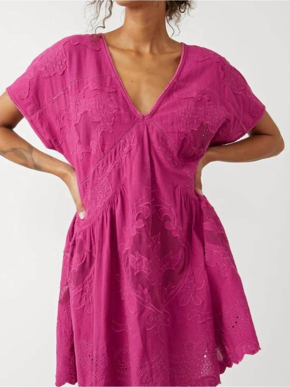 Free People Magenta Embroidered V-Neck Mini Dress - Picture 3 of 16